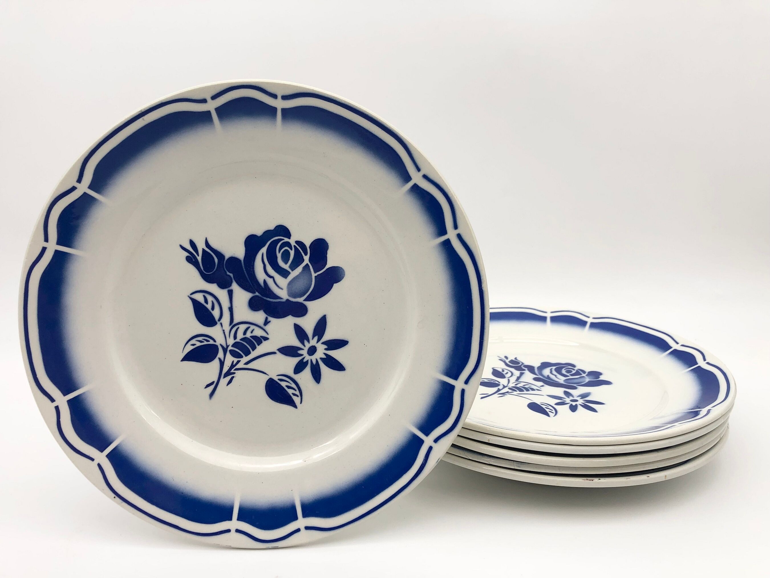 6 flat plates fb badonviller, vintage blue décor