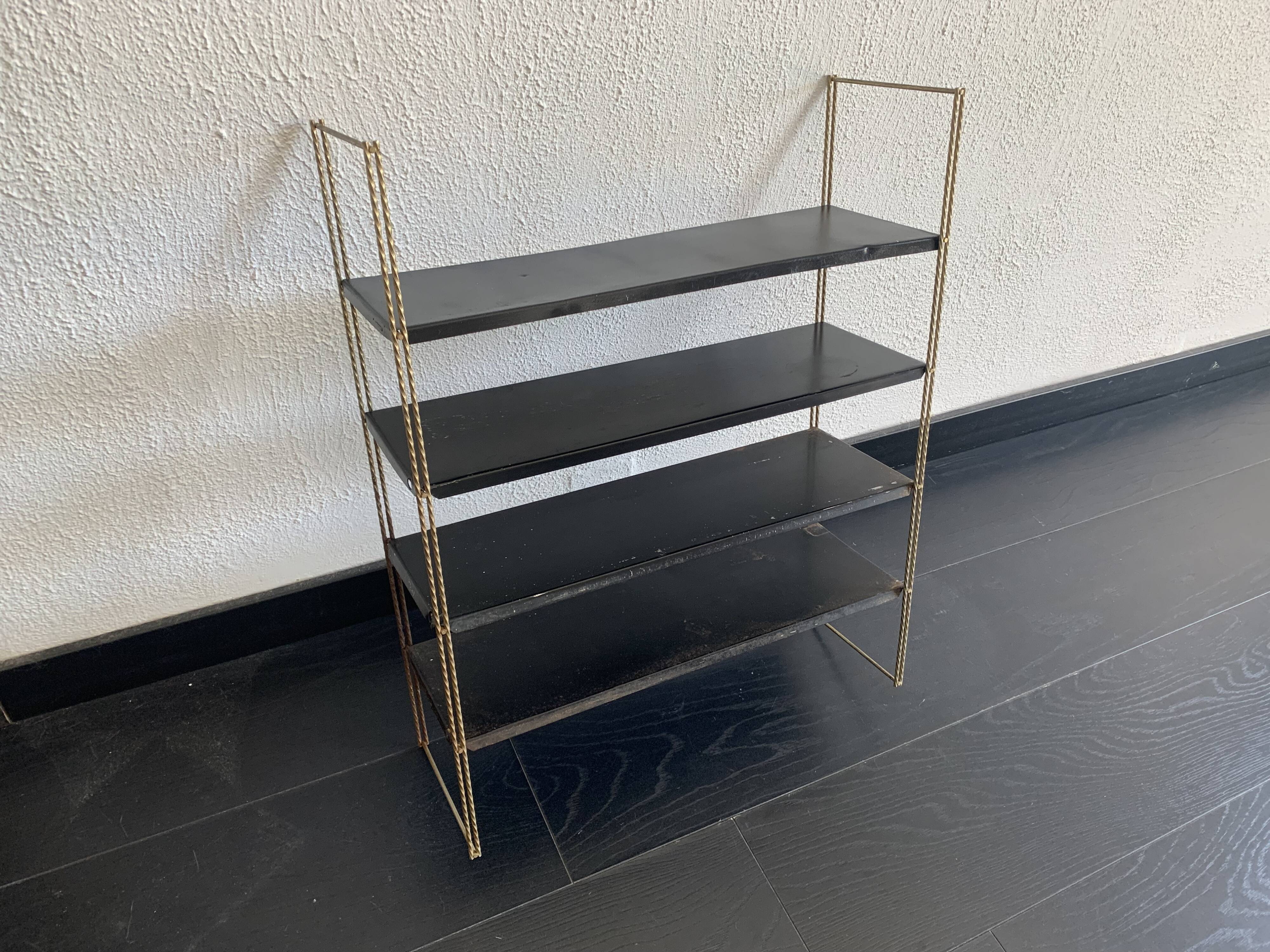 Vintage 1960 String wall shelf black and gold - 60 x 48 cm