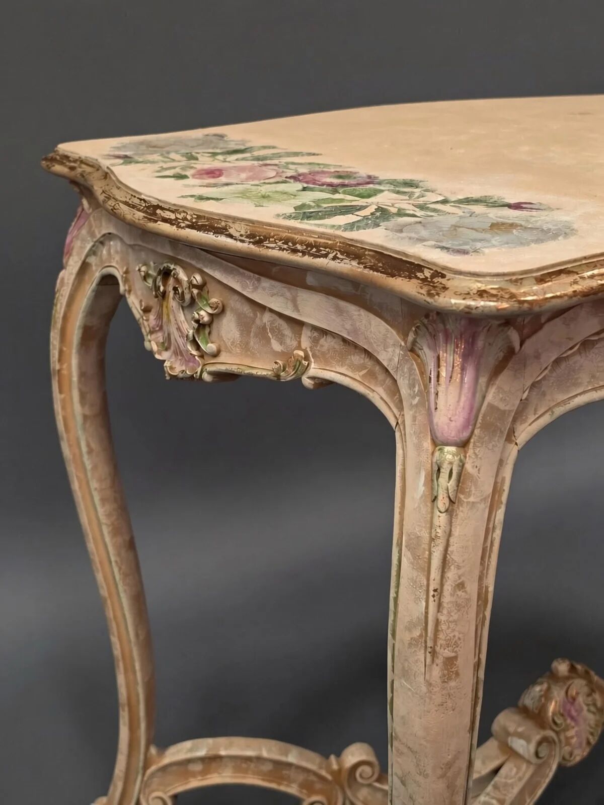Vintage French provincial painted table | Shabby chic floral console table | Ornate rococo vanity desk with hand-painted roses