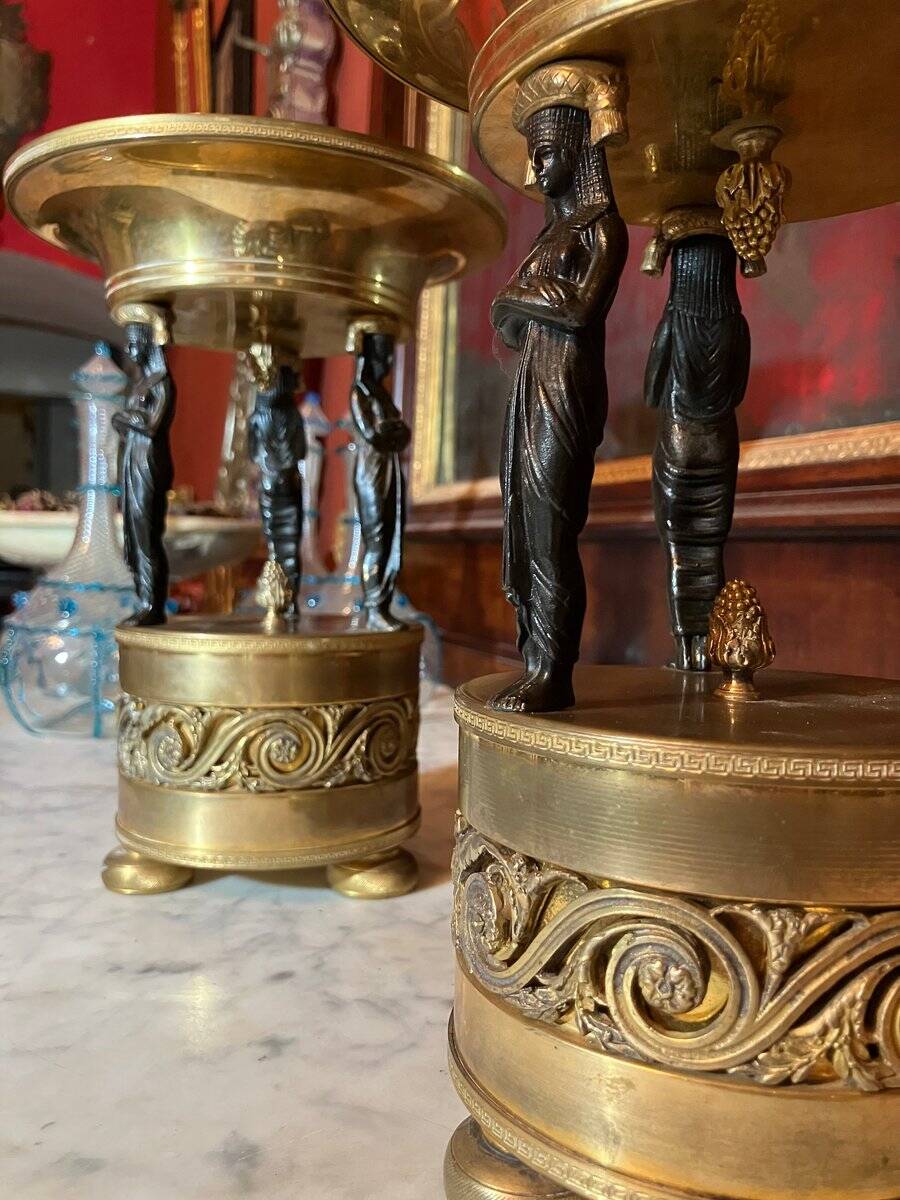 Italian Empire Bronze and Brass Tazzas with Sphinxes, 1800s, Set of 2