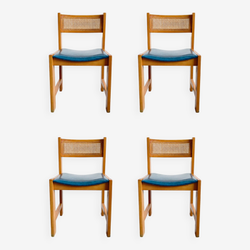 Set of 4 Mid-Century Cane Rattan and Vinyl Wooden Dining Chairs, 1960s 1970s