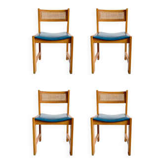 Set of 4 Mid-Century Cane Rattan and Vinyl Wooden Dining Chairs, 1960s 1970s