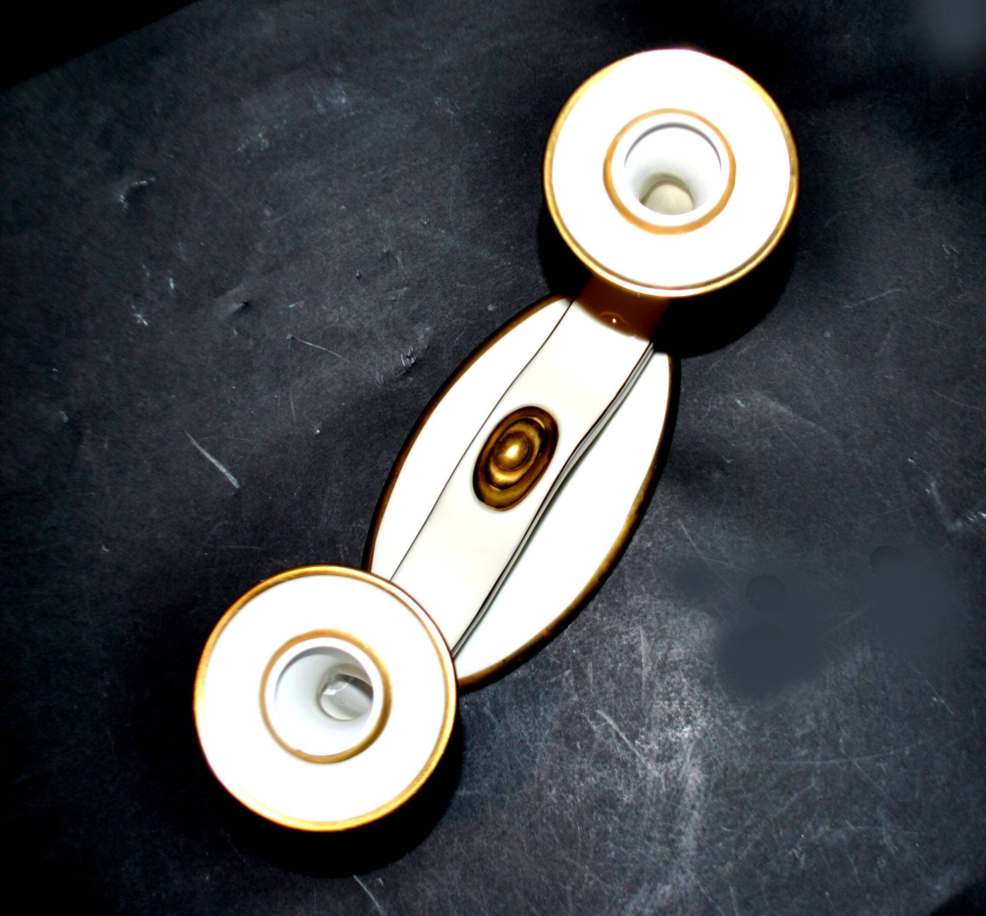 Modernist German porcelain candle holder - double gold rim candlestick