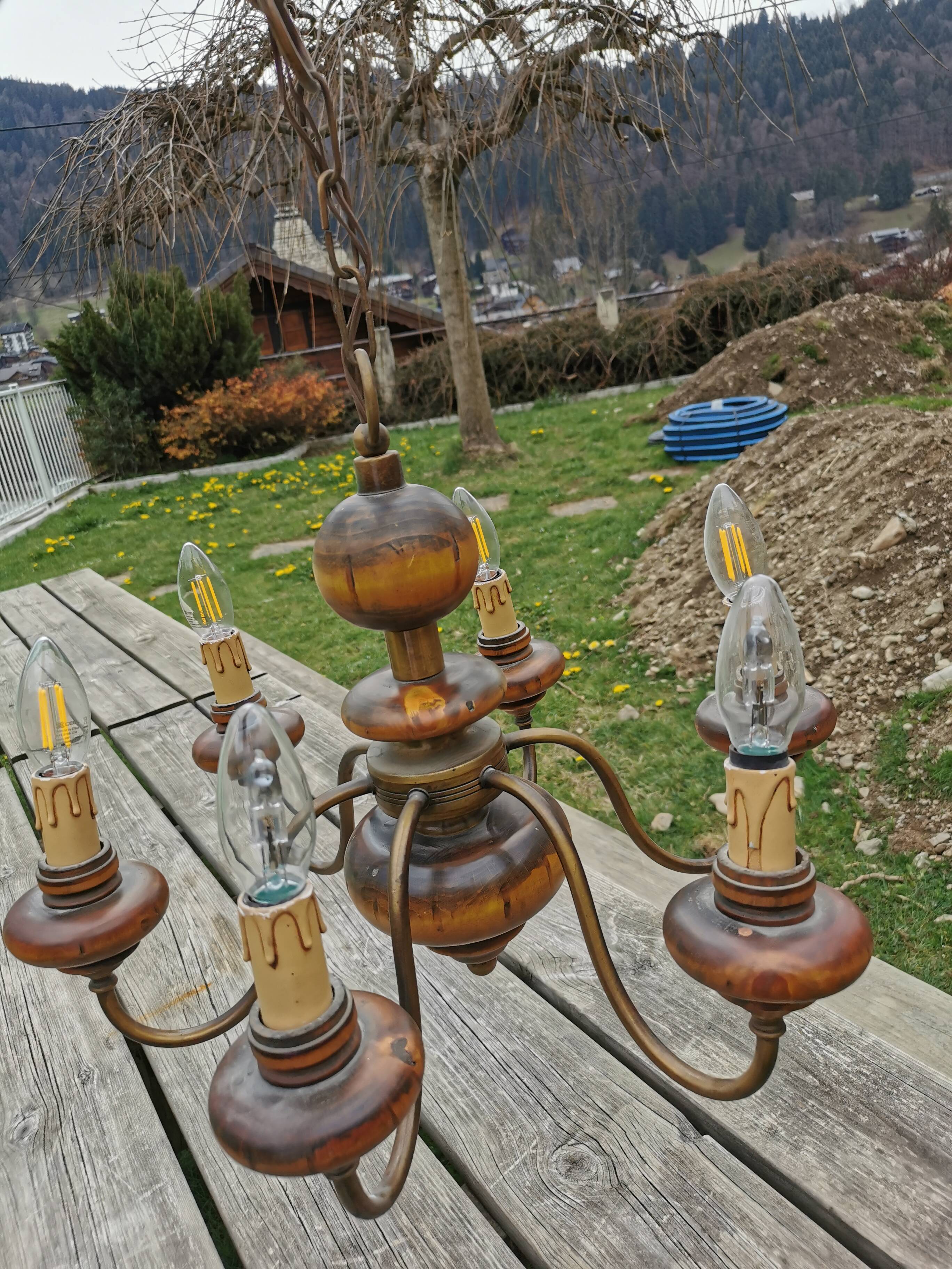 Wood and brass chandelier