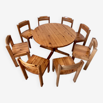 Ensemble table et 8 chaises en pin massif scandinave ASKO vintage années 80