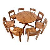 Table set and 8 chairs in solid Scandinavian pine ASKO vintage 80s