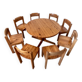 Ensemble table et 8 chaises en pin massif scandinave ASKO vintage années 80