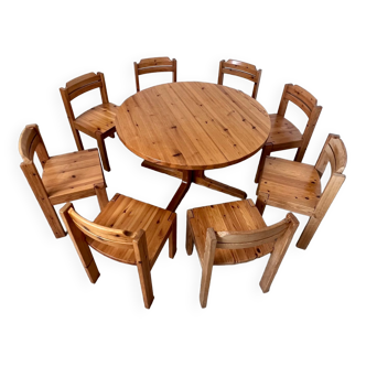 Table set and 8 chairs in solid Scandinavian pine ASKO vintage 80s