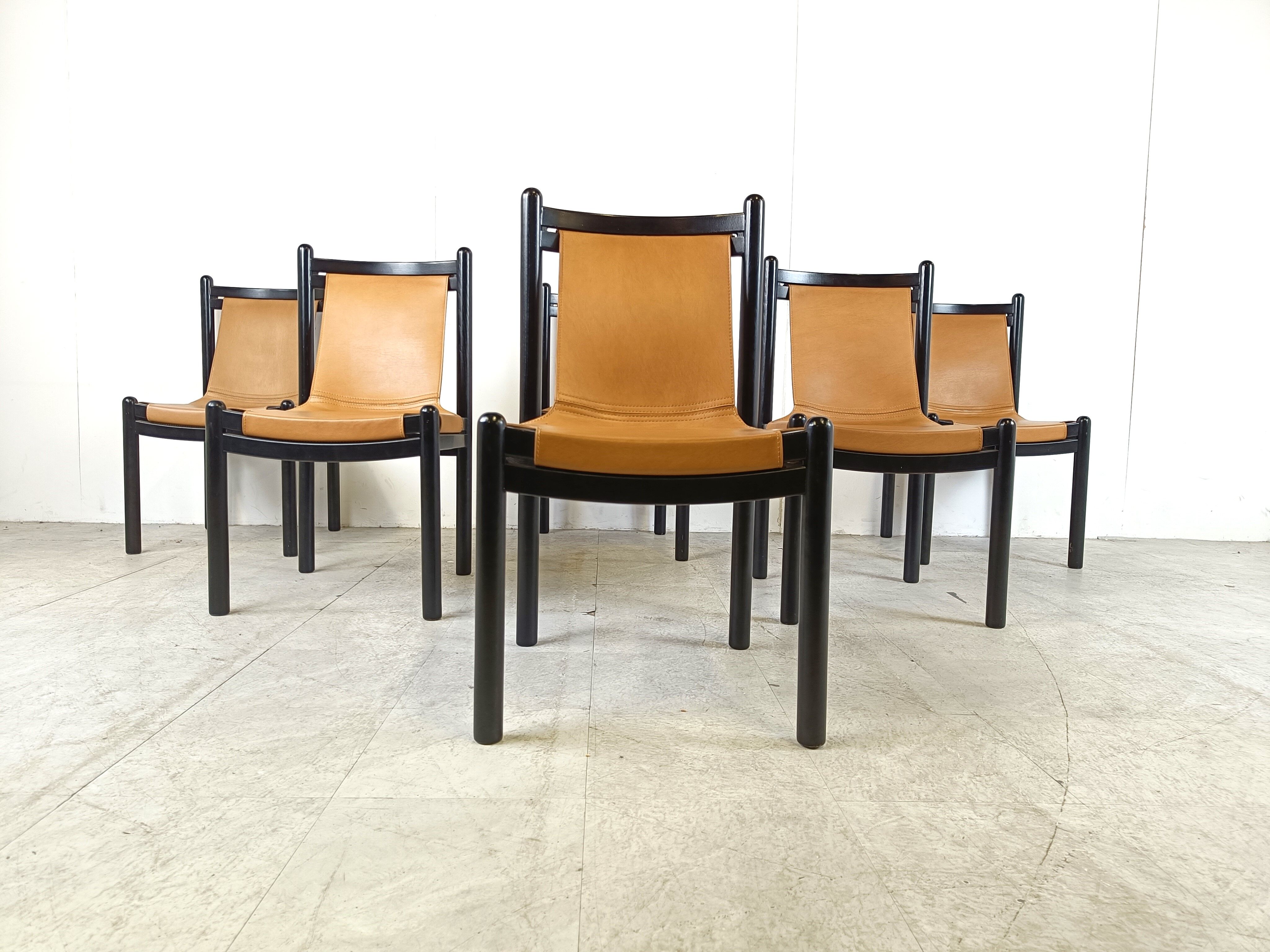 Vintage italian sling leather dining chairs, 1960s