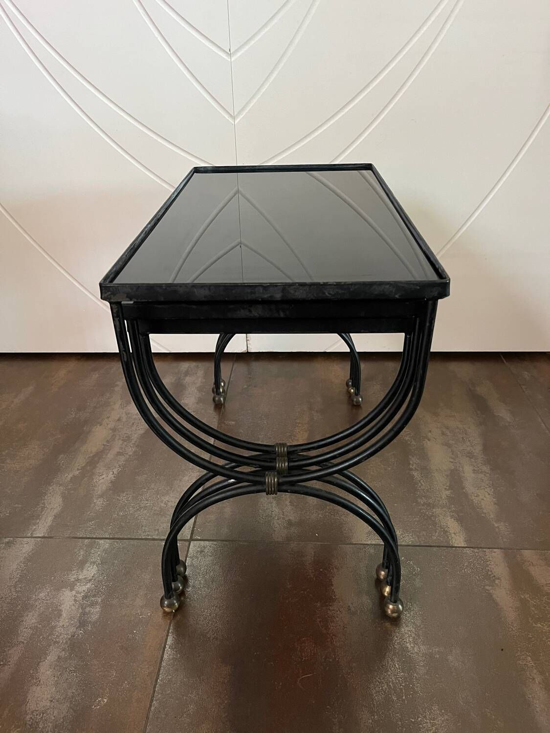 3 nesting tables 1950 Jean Royère wrought iron black opaline vintage