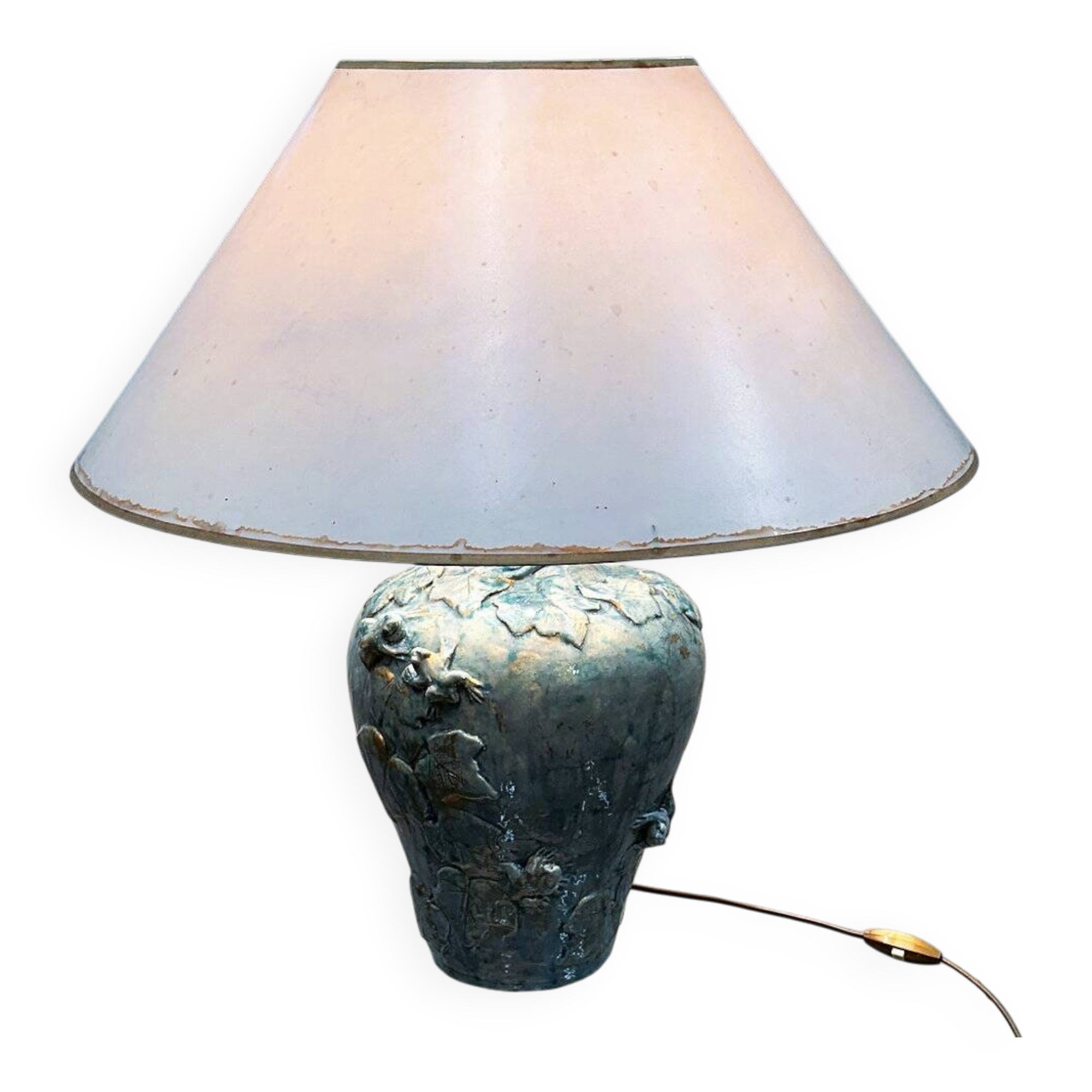 Handmade French ceramic lamp with ivy & frogs in turquoise glaze with gold accents