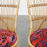 Set of 4 subtle and charming vintage 60s rattan boho chairs with colorful upholstered seats
