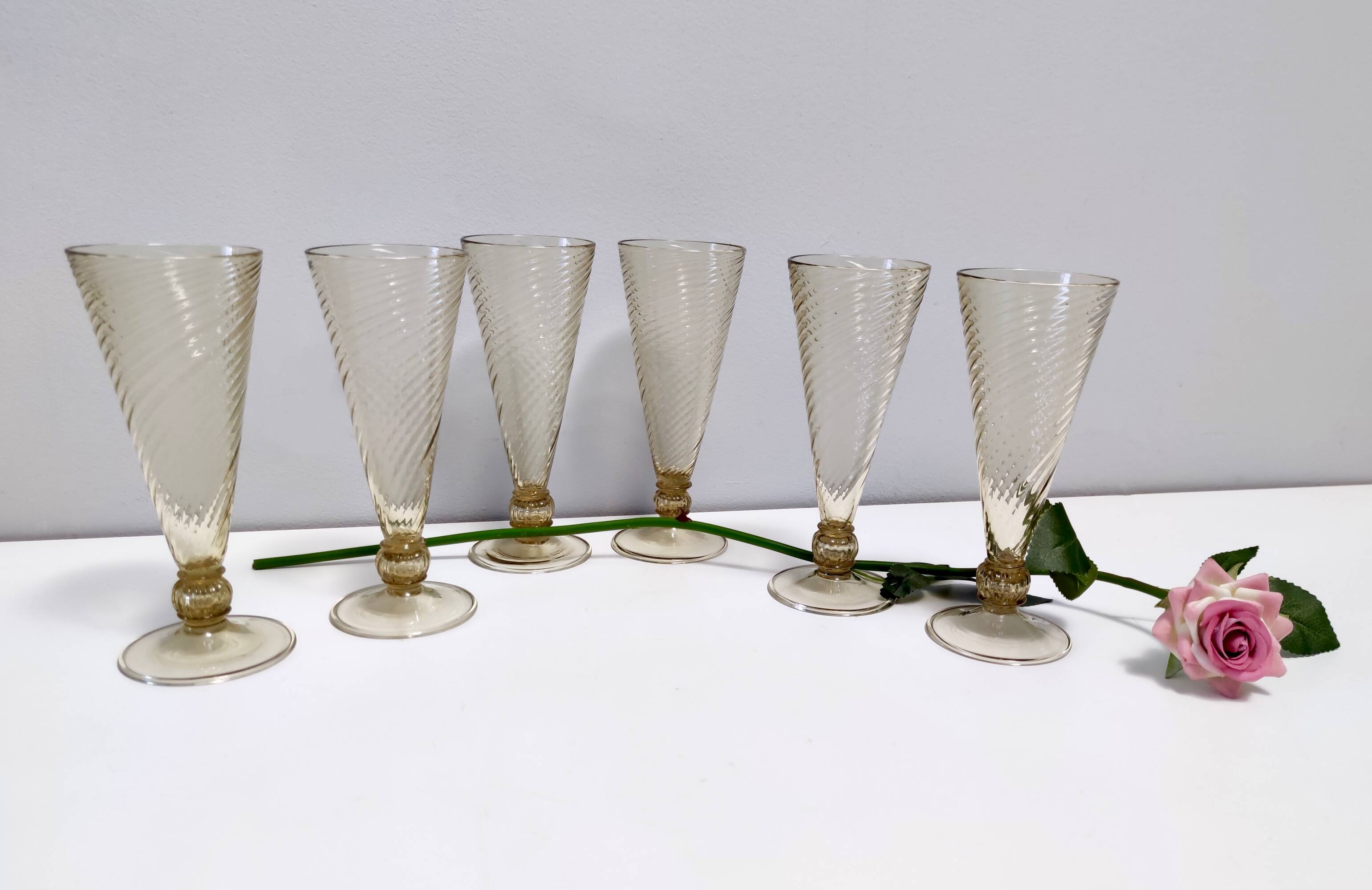 Set of Six Amber Murano Drinking Glasses by Vittorio Zecchin, Italy