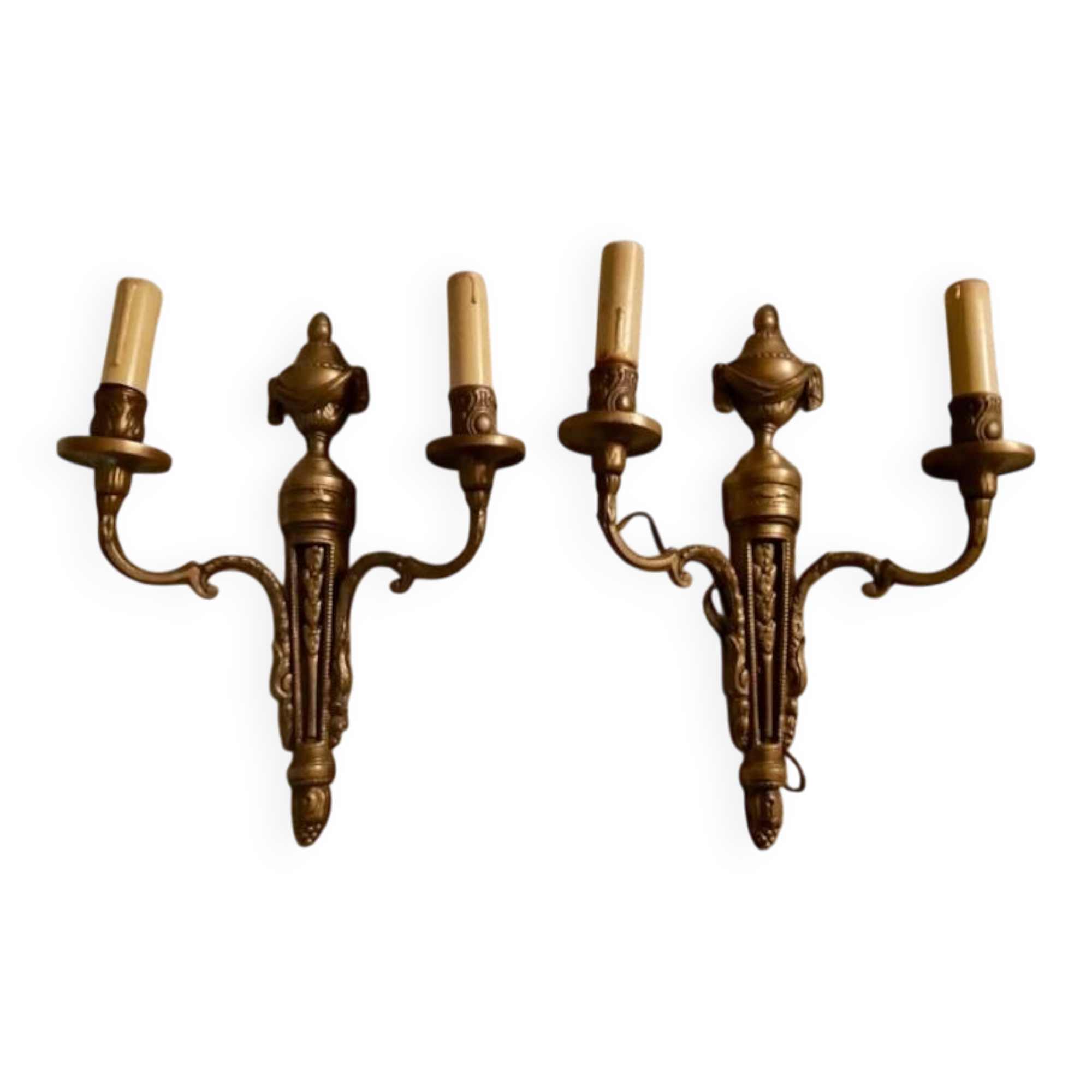 Pair of Louis XVI style neoclassical wall sconces in gilt bronze