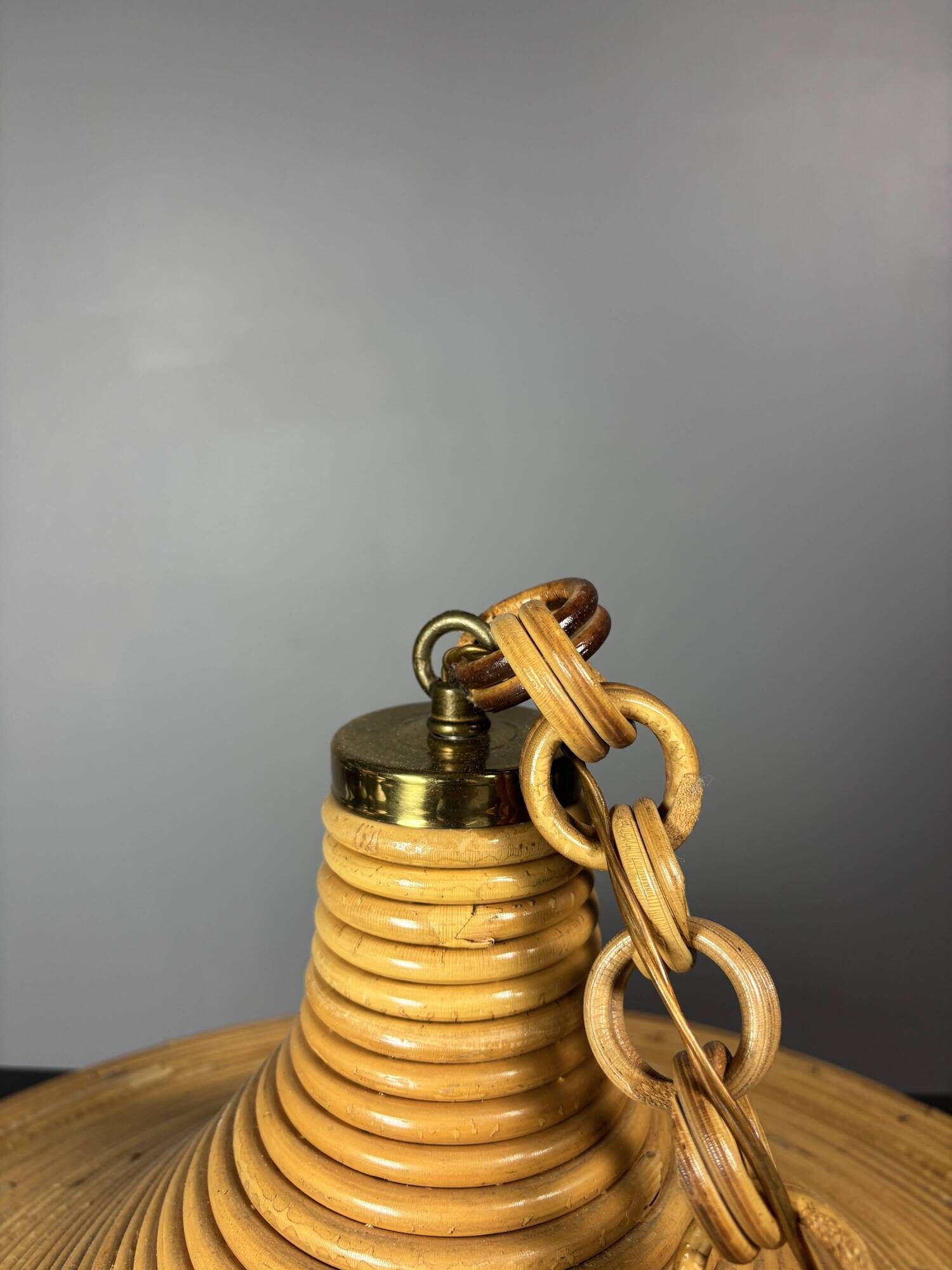 Mid-Century Italian witch hat pencil reed rattan bamboo and brass pendant