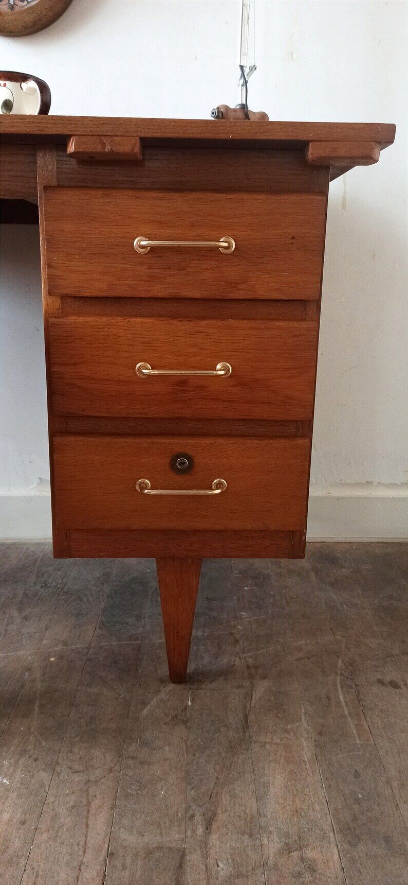vintage desk with wooden storage drawers