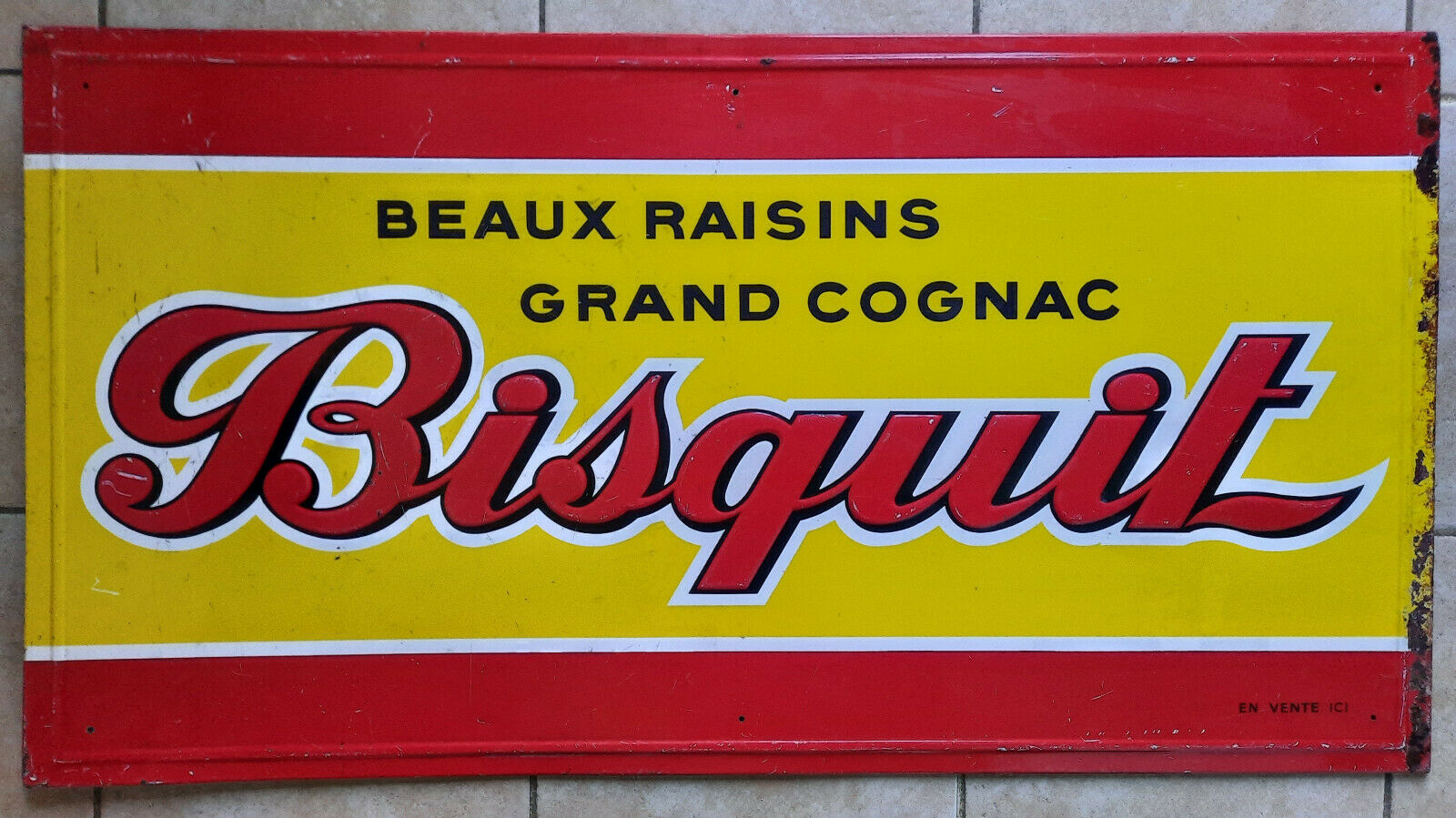 Old sheet metal plate "Bisquit beautiful grapes great cognac" 51x96cm 50's