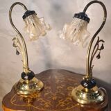 Pair of ceramic and brass lamps in art nouveau style