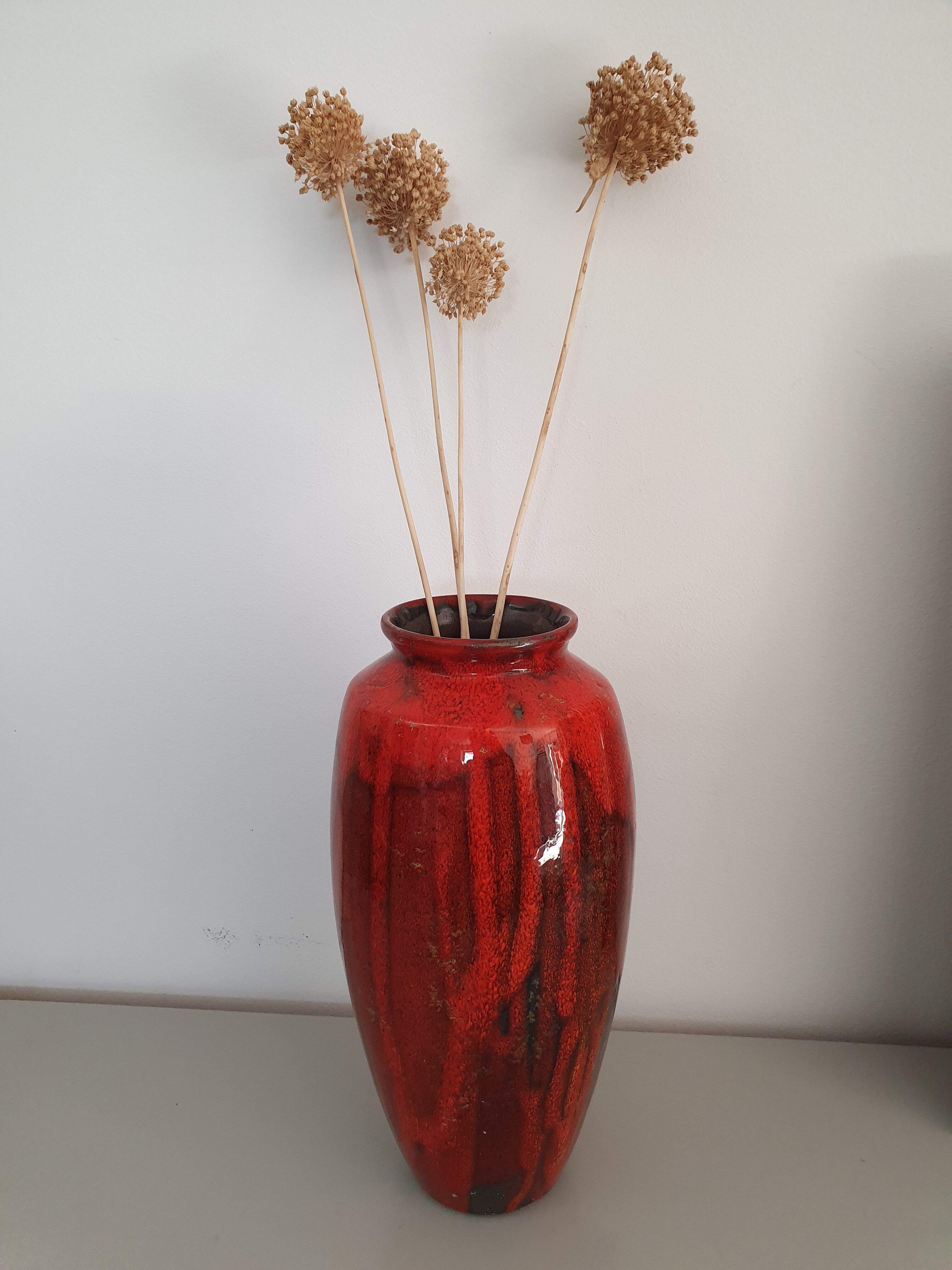 Large ceramic vase fat red lava