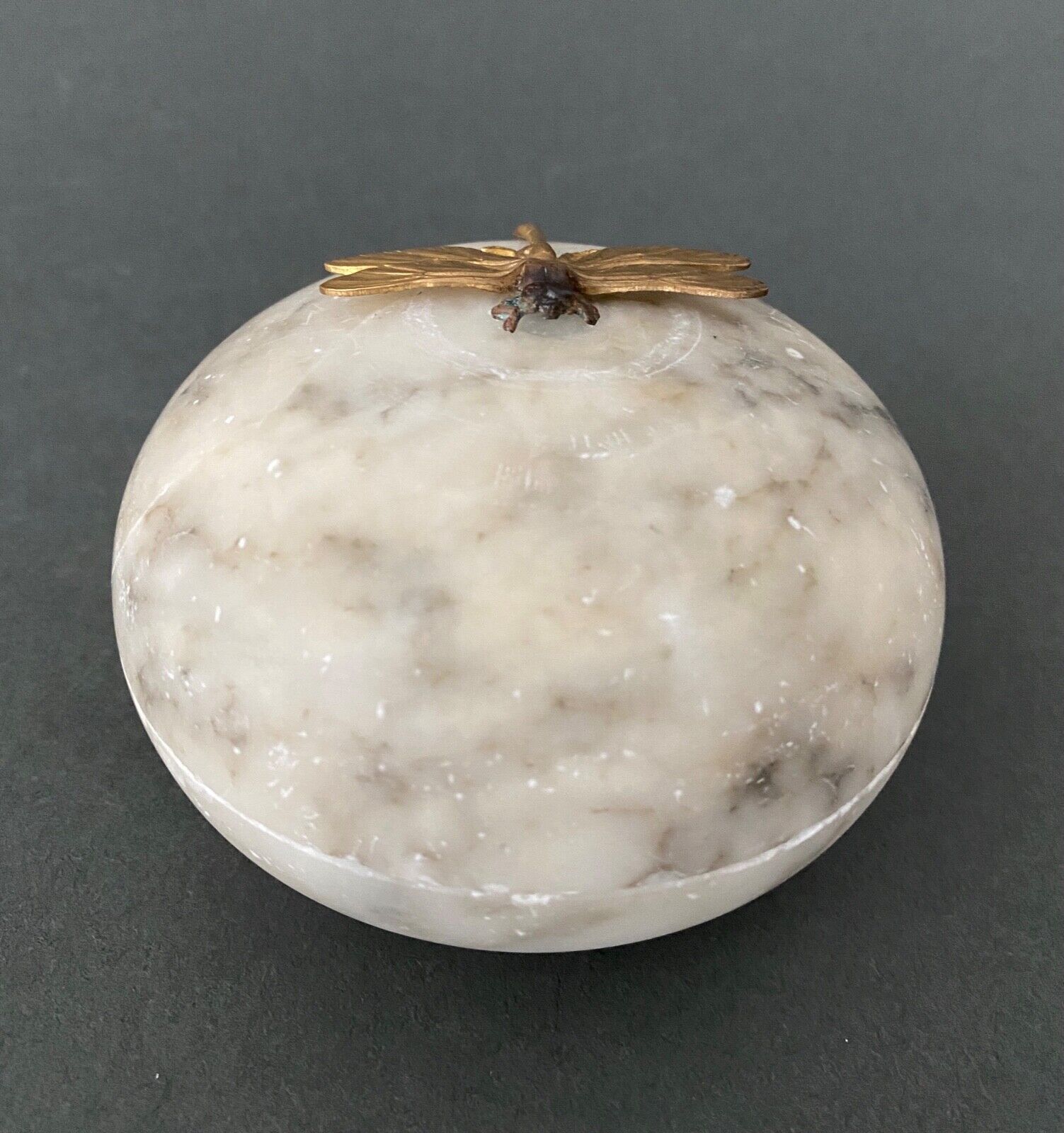 1900 alabaster ball shaped box surmounted by a golden dragonfly