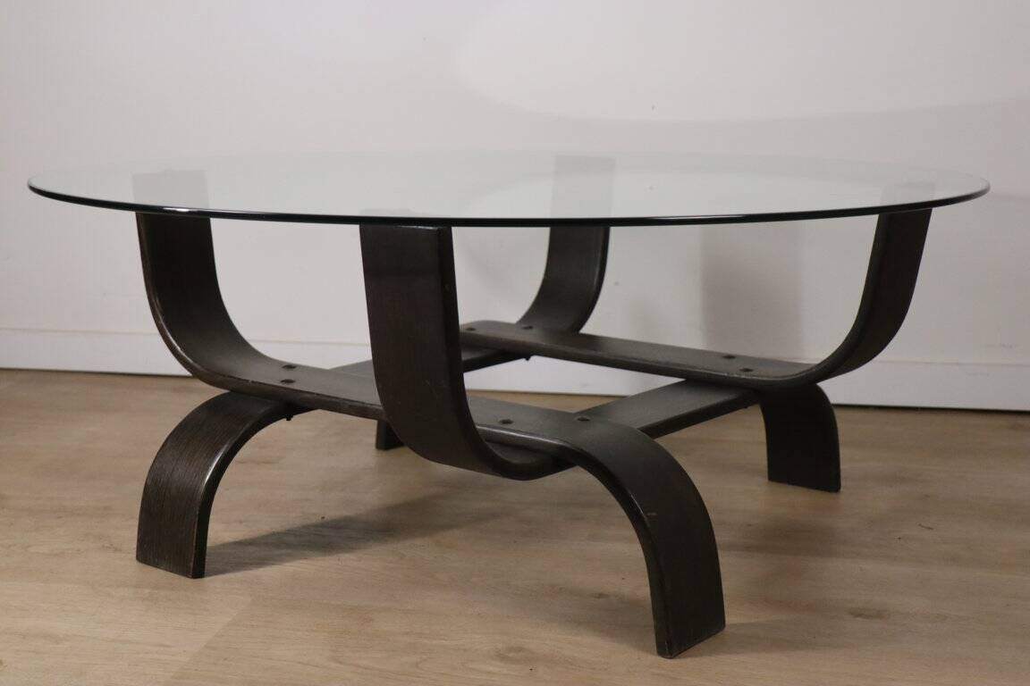 Vintage Fubo coffee table – curved wood & smoked glass – 1970s