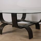 Vintage Fubo coffee table – curved wood & smoked glass – 1970s