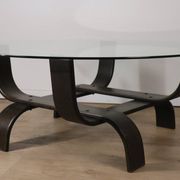 Vintage Fubo coffee table – curved wood & smoked glass – 1970s