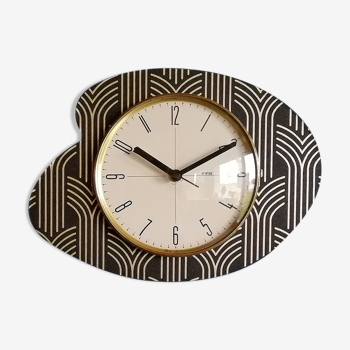 Horloge vintage formica pendule murale silencieuse "FFR noir doré"