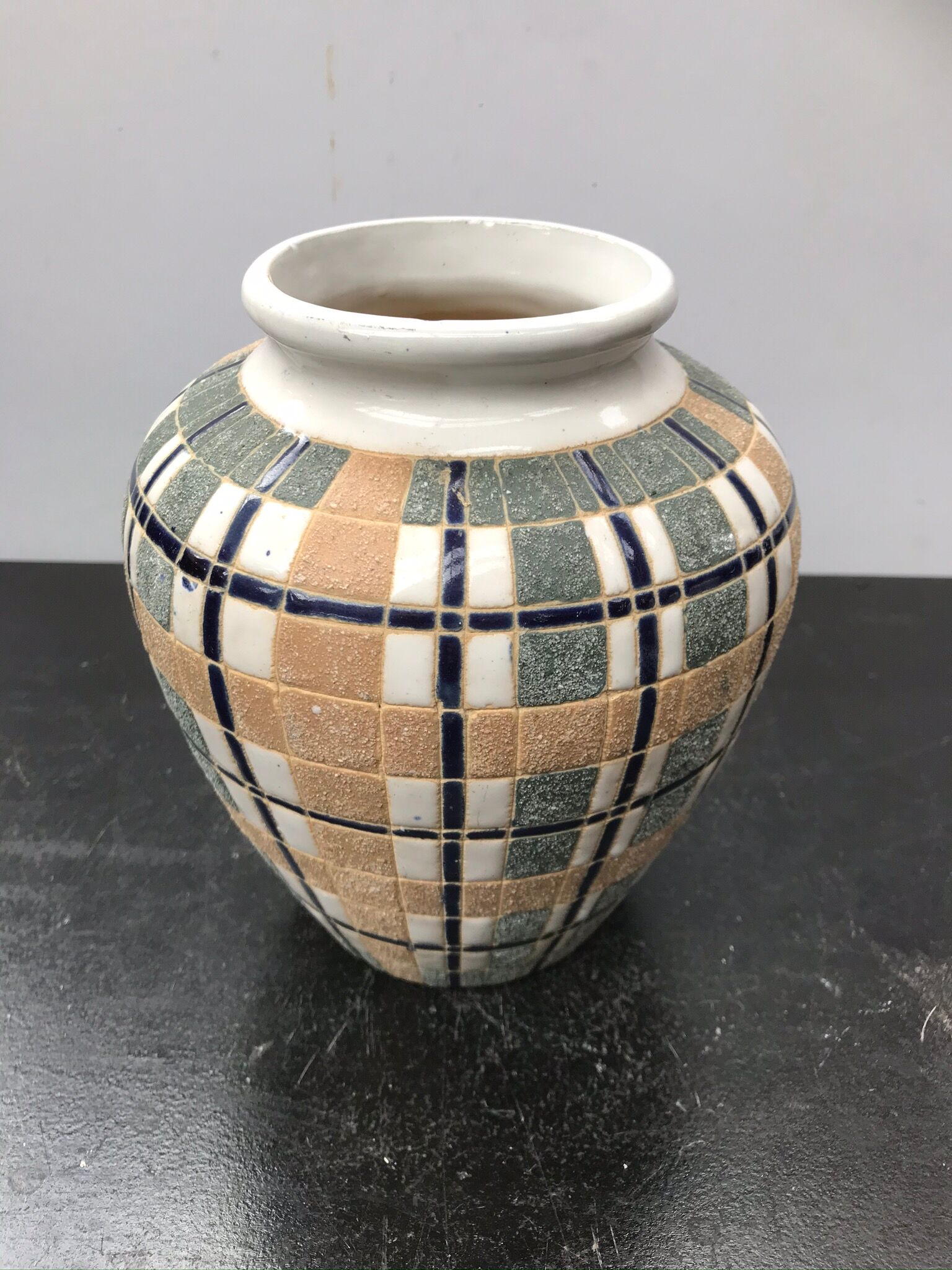 Ceramic vase white geometric decoration vintage