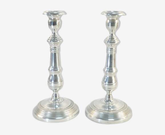Paire de bougeoirs en bronze argenté de style empire d'epoque 19eme
