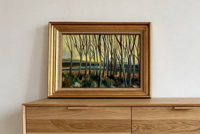 Tableau très ancien sous bois au coucher de soleil