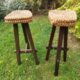 Paire de tabourets en corde tressée et pin sablé