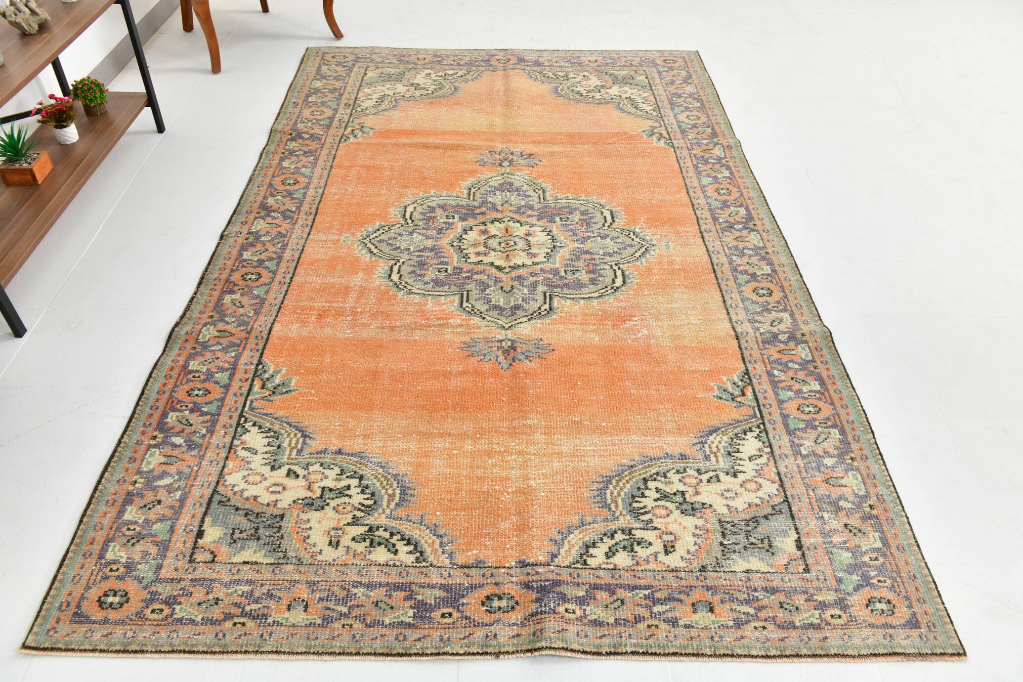 Green & Orange Turkish Vintage Rug, 182x286Cm