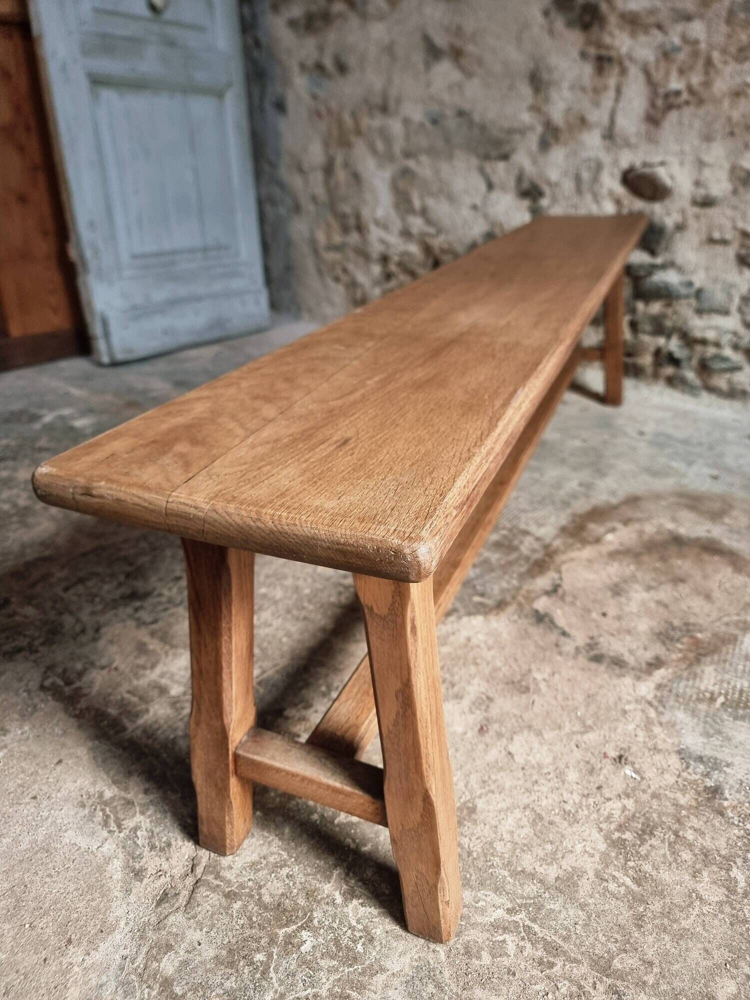 Vintage oak bench, solid wood dining bench, rustic farmhouse bench, French country style, circa 1950–1965.