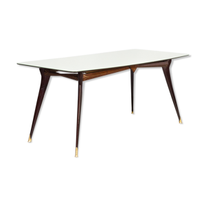 table à manger en laiton avec dessus de table en verre coloré