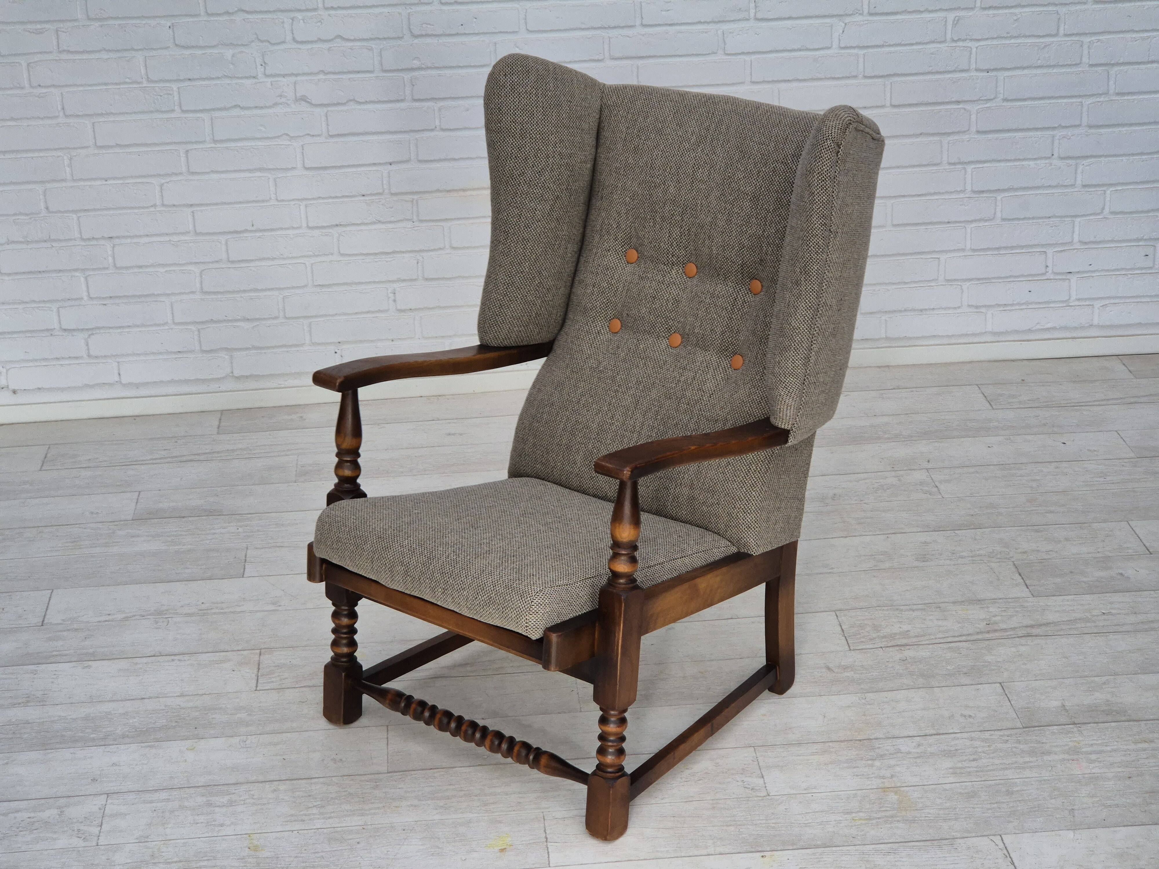 1960s, Scandinavian design, reupholstered high-back armchair, furniture wool, oak wood.