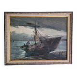Oil on canvas "the return of fishing" by ludovic