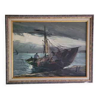 Oil on canvas "the return of fishing" by ludovic