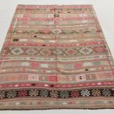 Tapis kilim ancien pastel, teintes délavées rose & vert, charme bohème,