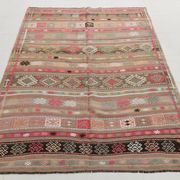 Tapis kilim ancien pastel, teintes délavées rose & vert, charme bohème,