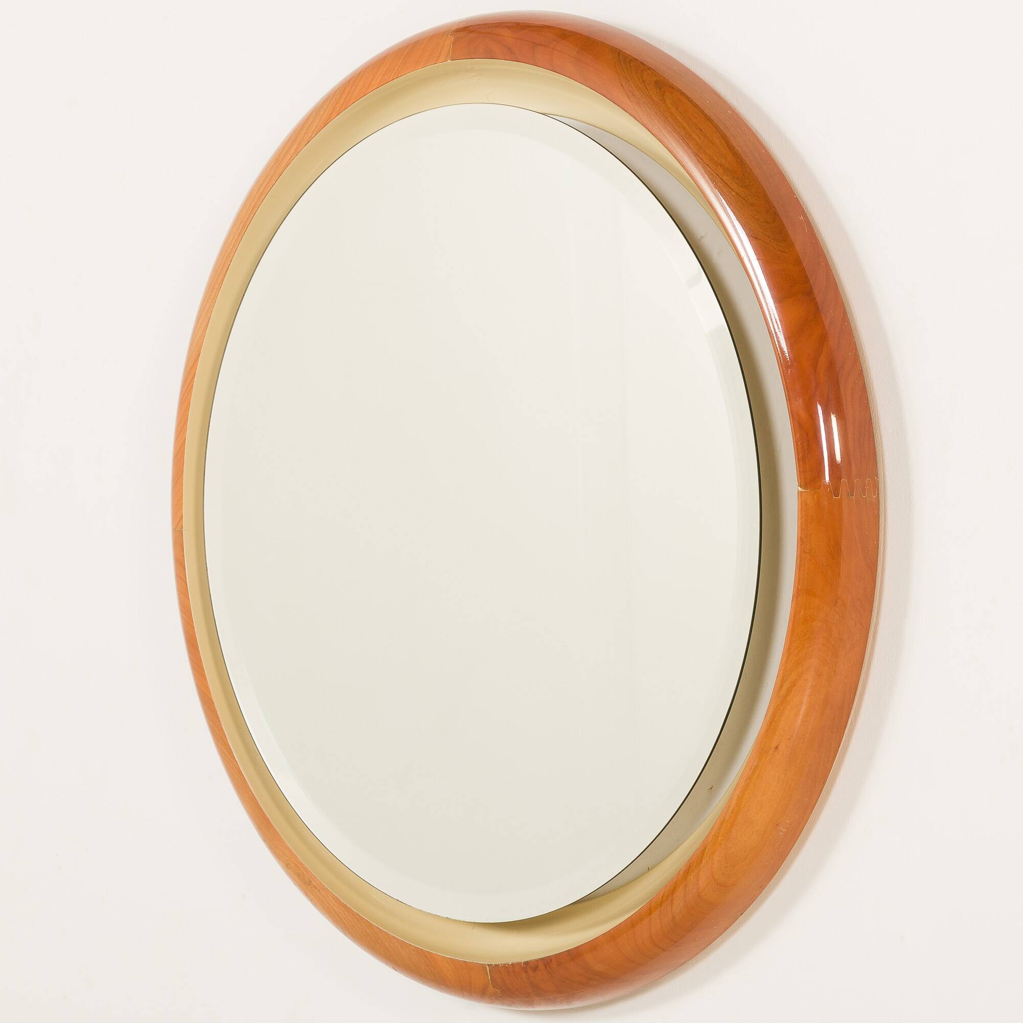 Miroir XL rétroéclairé italien en bois de cerisier massif, années 1970