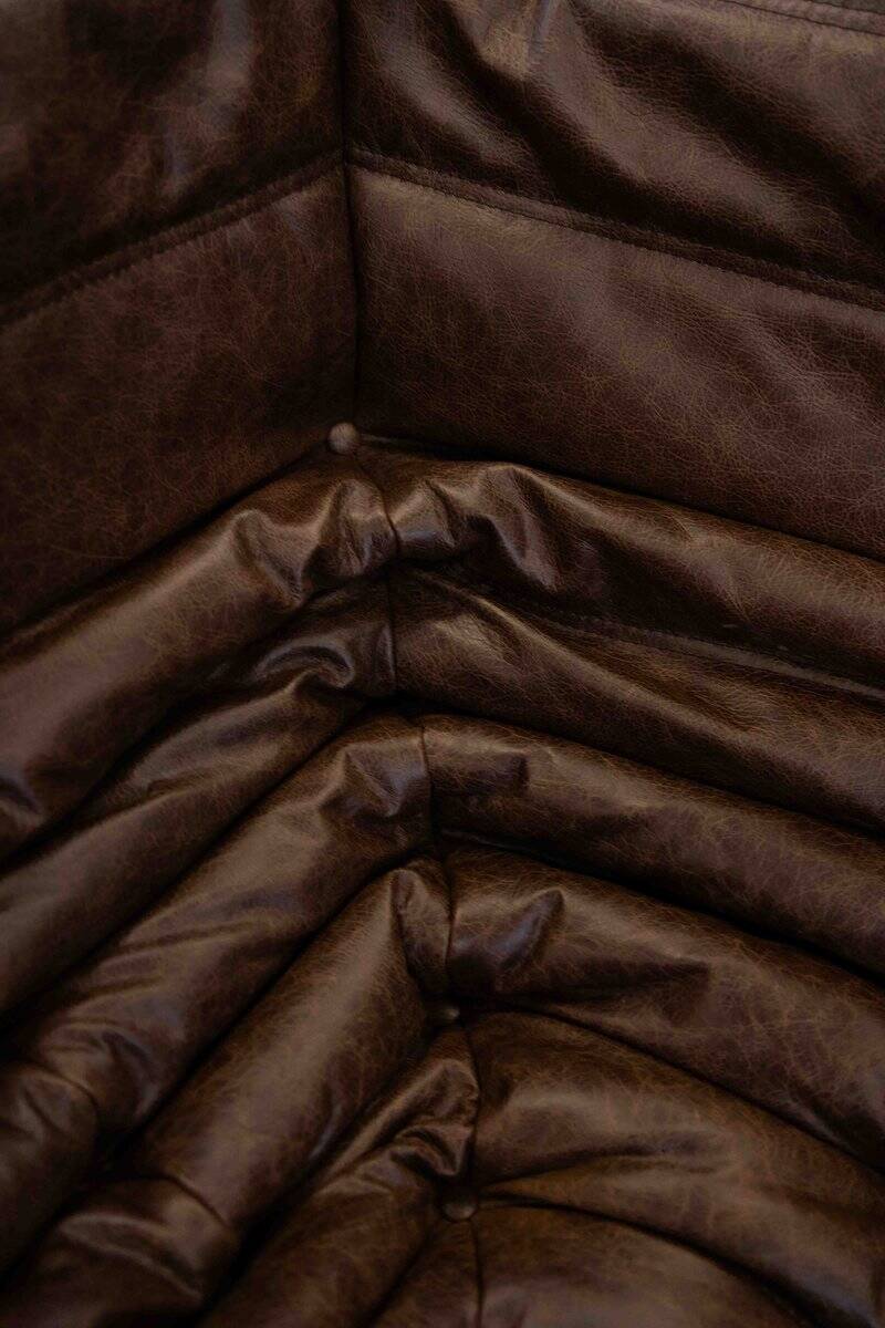 Vintage two-seater Togo sofa with arms in brown leather by Michel Ducaroy for Ligne Roset, 1970s