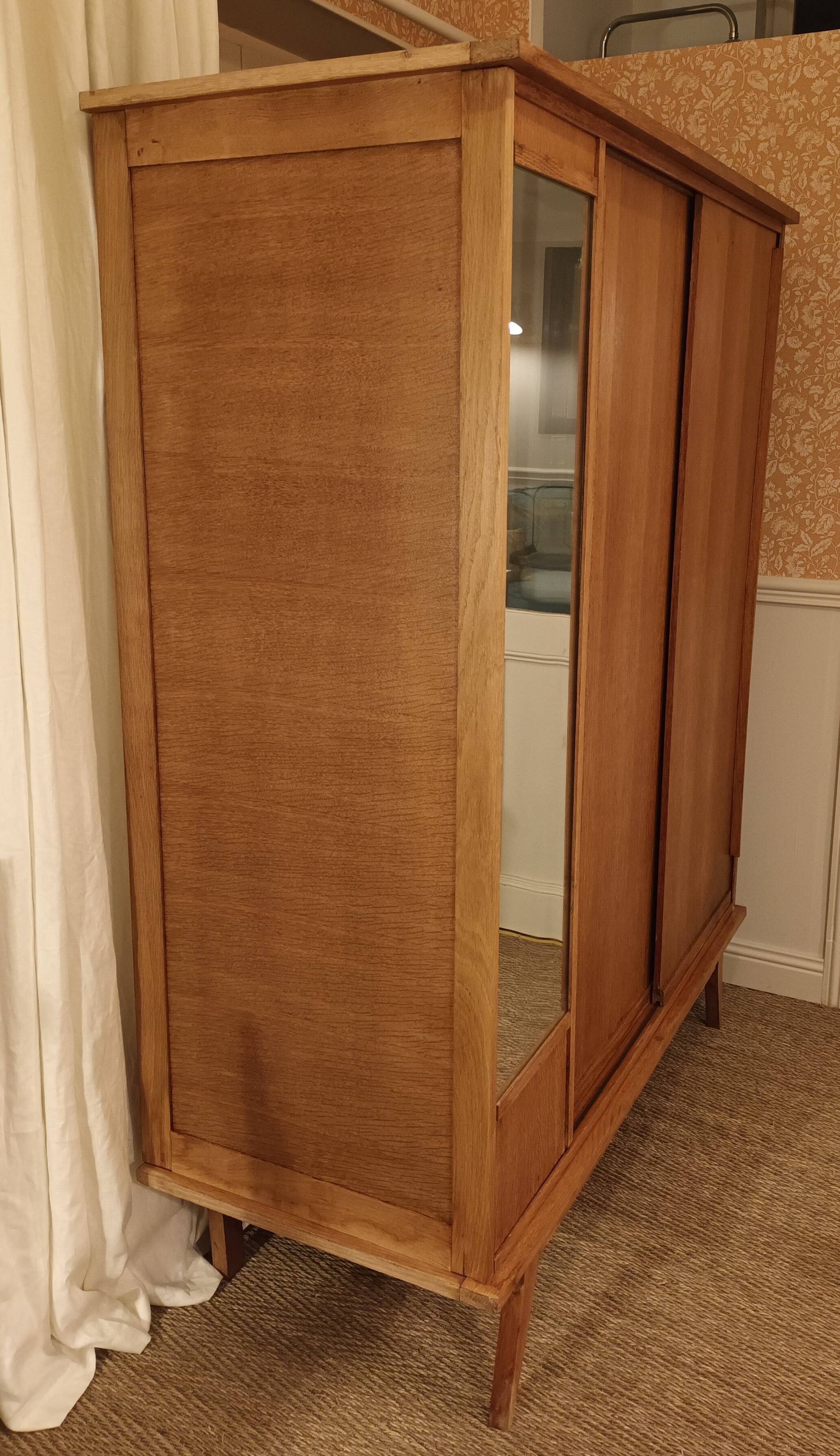 Vintage oak wardrobe with mirror with two sliding doors, France 1960s