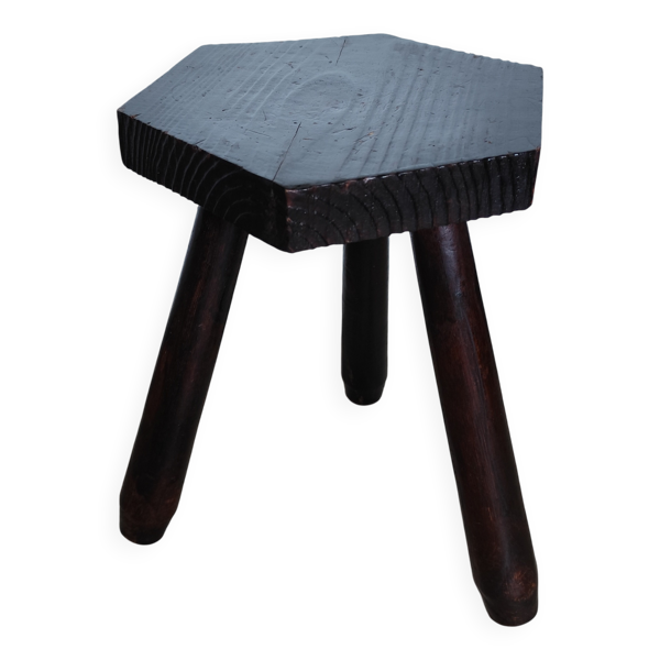 Tabouret tripode brutaliste bois massif vintage 1960