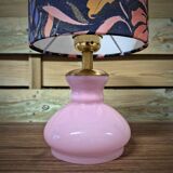 Table lamp, pink glass globe base, floral shade