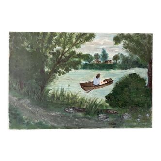 Old oil painting on canvas of a vintage landscape