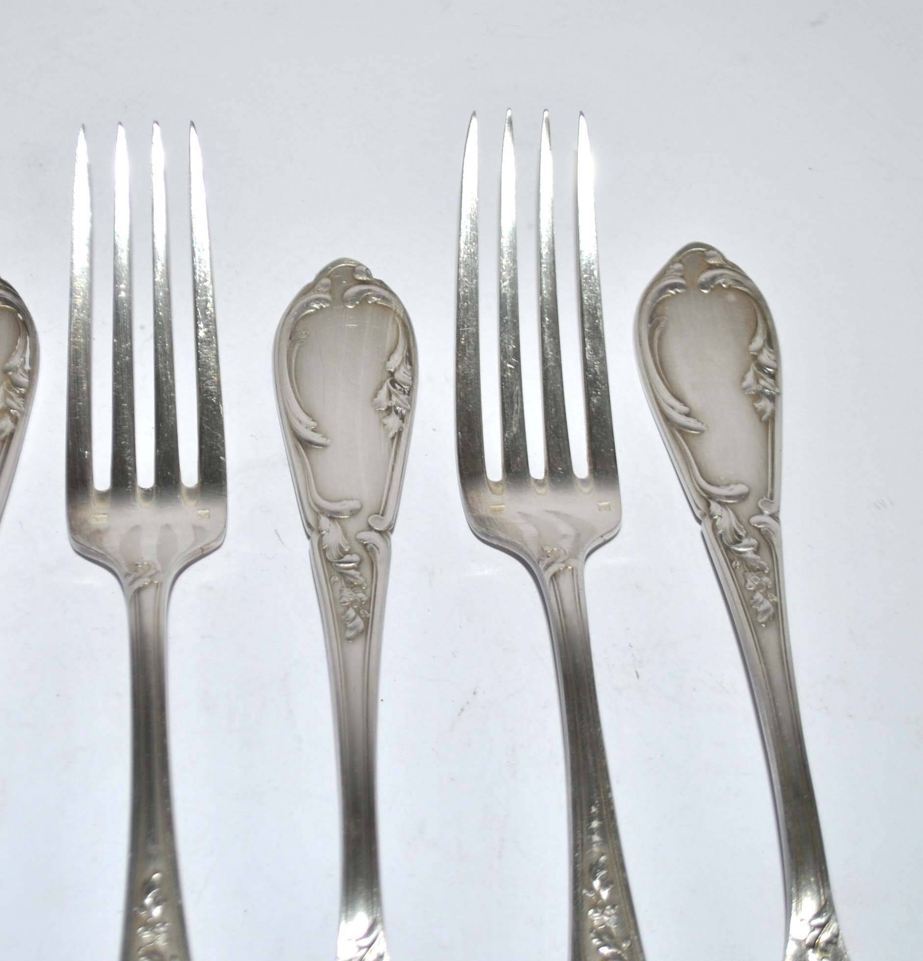 Set of 6 vintage MARLY rocaille table forks in silver metal 21.5cm