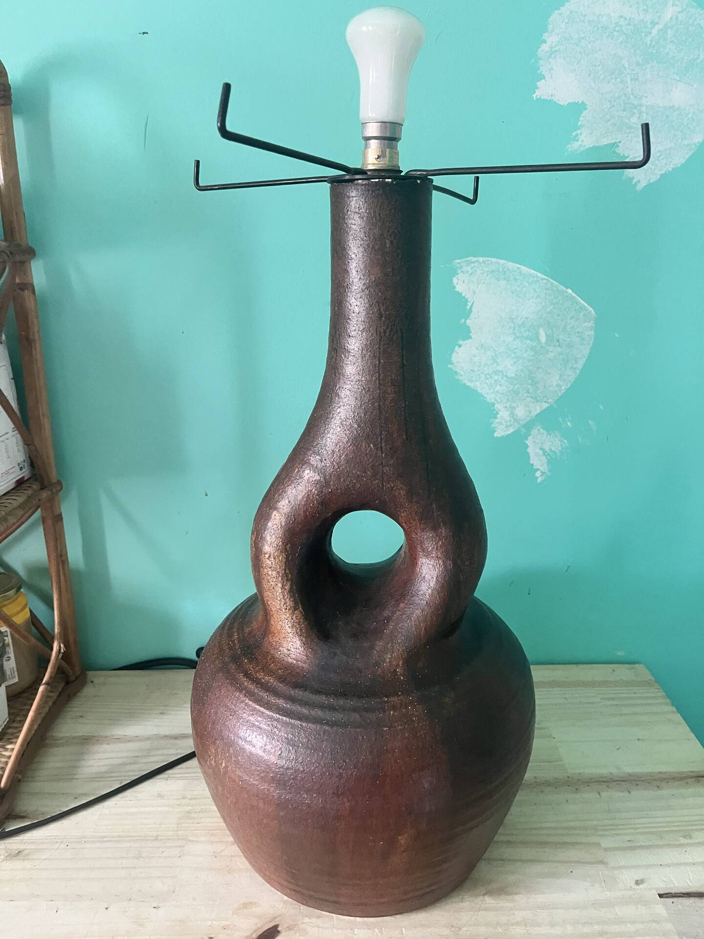 Large vintage ceramic floor lamp accolay & brutalist copper - 10