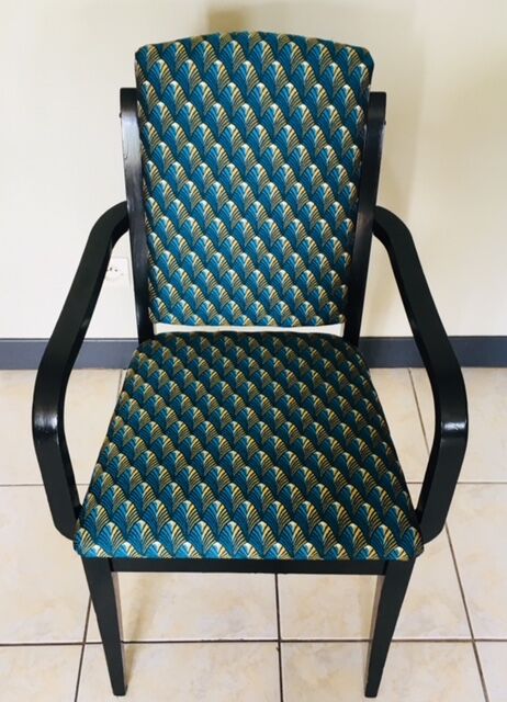 Fauteuil bridge années 60 tissu art déco bleu et or