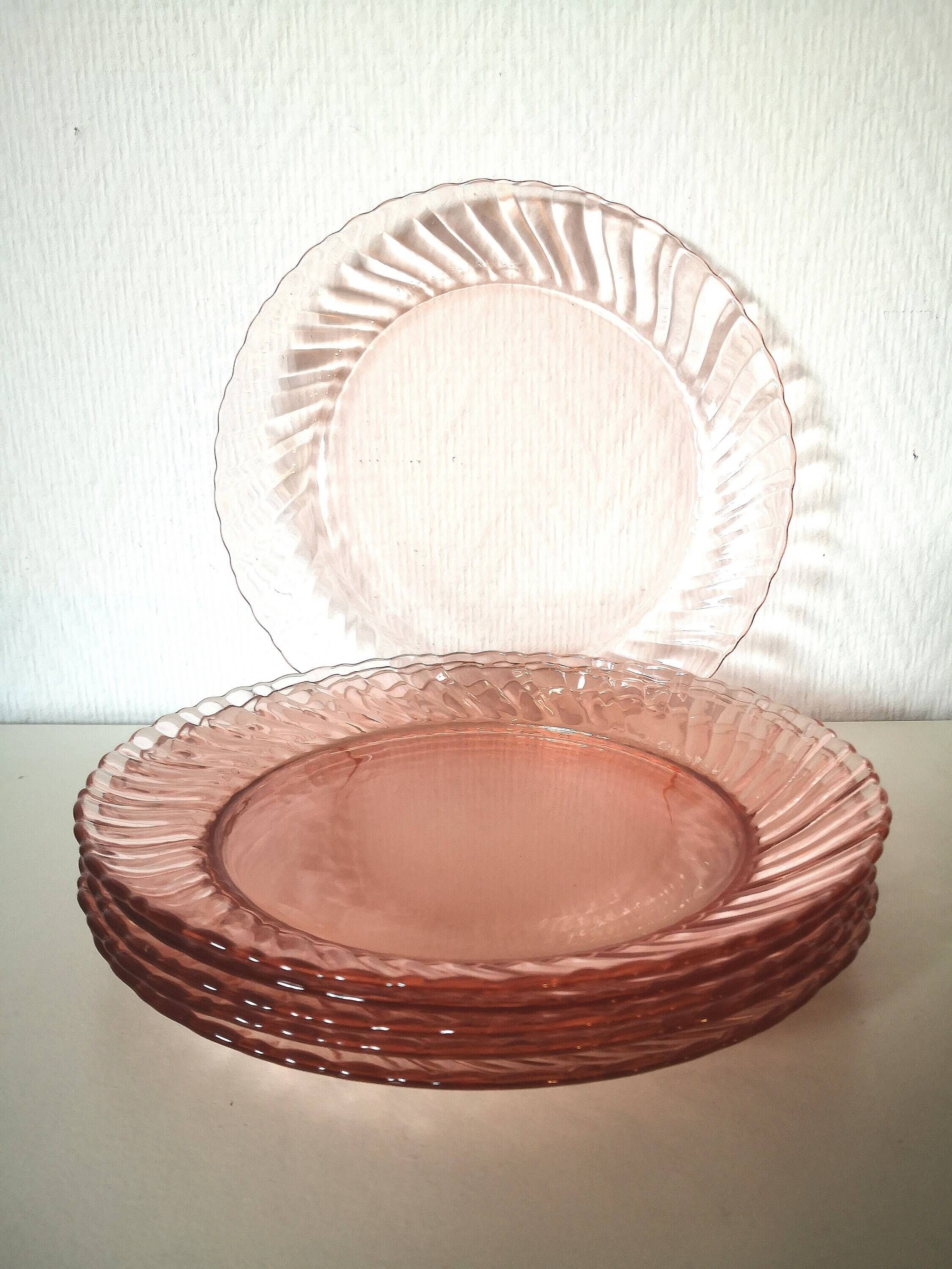 set of 6 Rosaline dessert plates in pink swirl glass